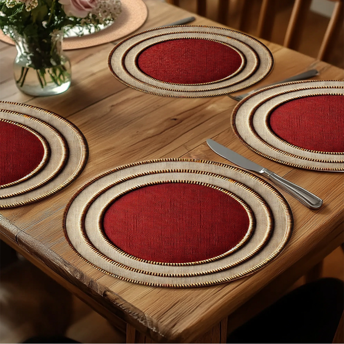 TEMU 4pcs Elegant Red & Golden Round Placemats - Luxury Table S Compatible For Dining Table, Restaurants, Parties, Camping - Hand Wash Only, Festive