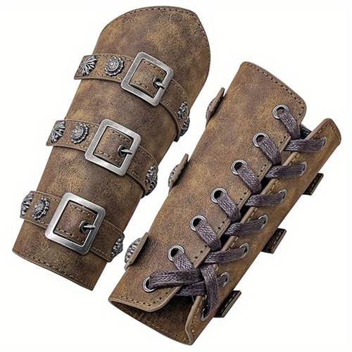 2pcs medieval knight steampunk pirate arm bracers adjustable faux leather with metallic buckles rivets for halloween cosplay role play photography props stage performance accessories halloween costumes rustic look leather crafting