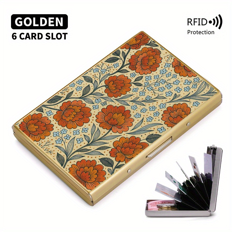 E-shop Oranges und Blaues Blumenmuster RFID-Blockierendes Metall-Kartenetui für Männer & Frauen, Pop-, Ultra-Dünne Mattierte Oberfläche, Unisex Pop-Up