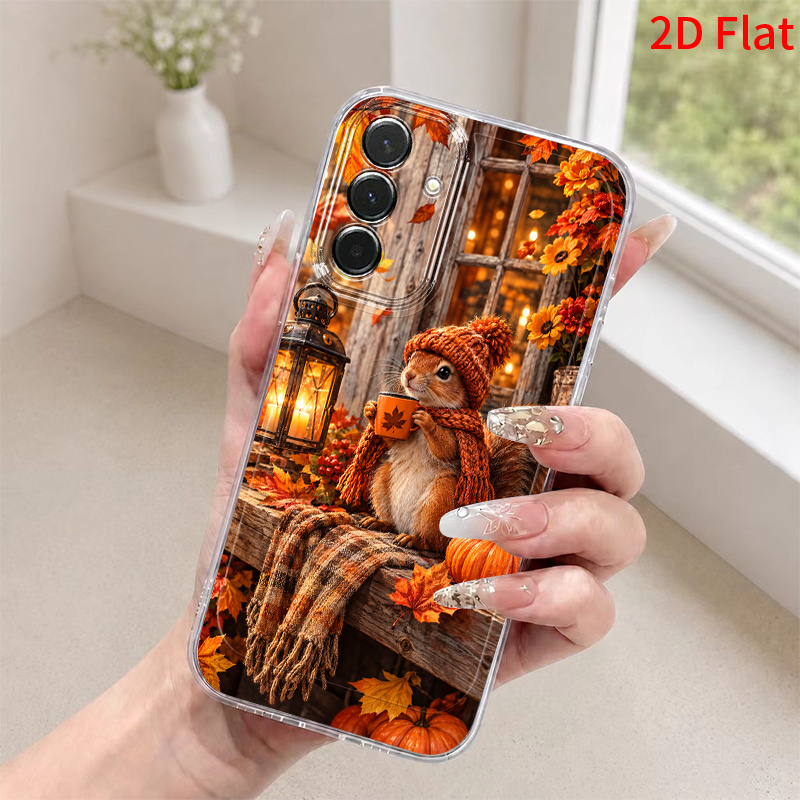 TEMU Phone Case - 2d Flat Autumn Squirrel Holding Hot Drink Cup Pattern Phone Case Suitable For Galaxy A03s A05s A06 A07 A13 A14 A15 A16 A17 A22 A23