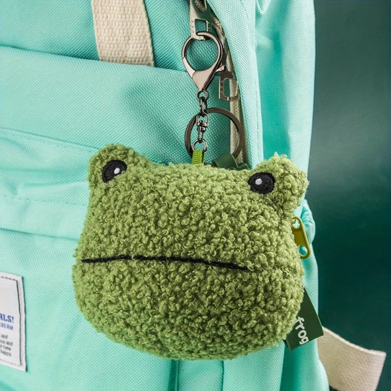 Image of Cute Frog Mini Wallet With Keychain – Portable Earphone & Coin Pouch, Green Faux Fur Zipper Design, Ideal For Couples, Storage Bag & Key Holder