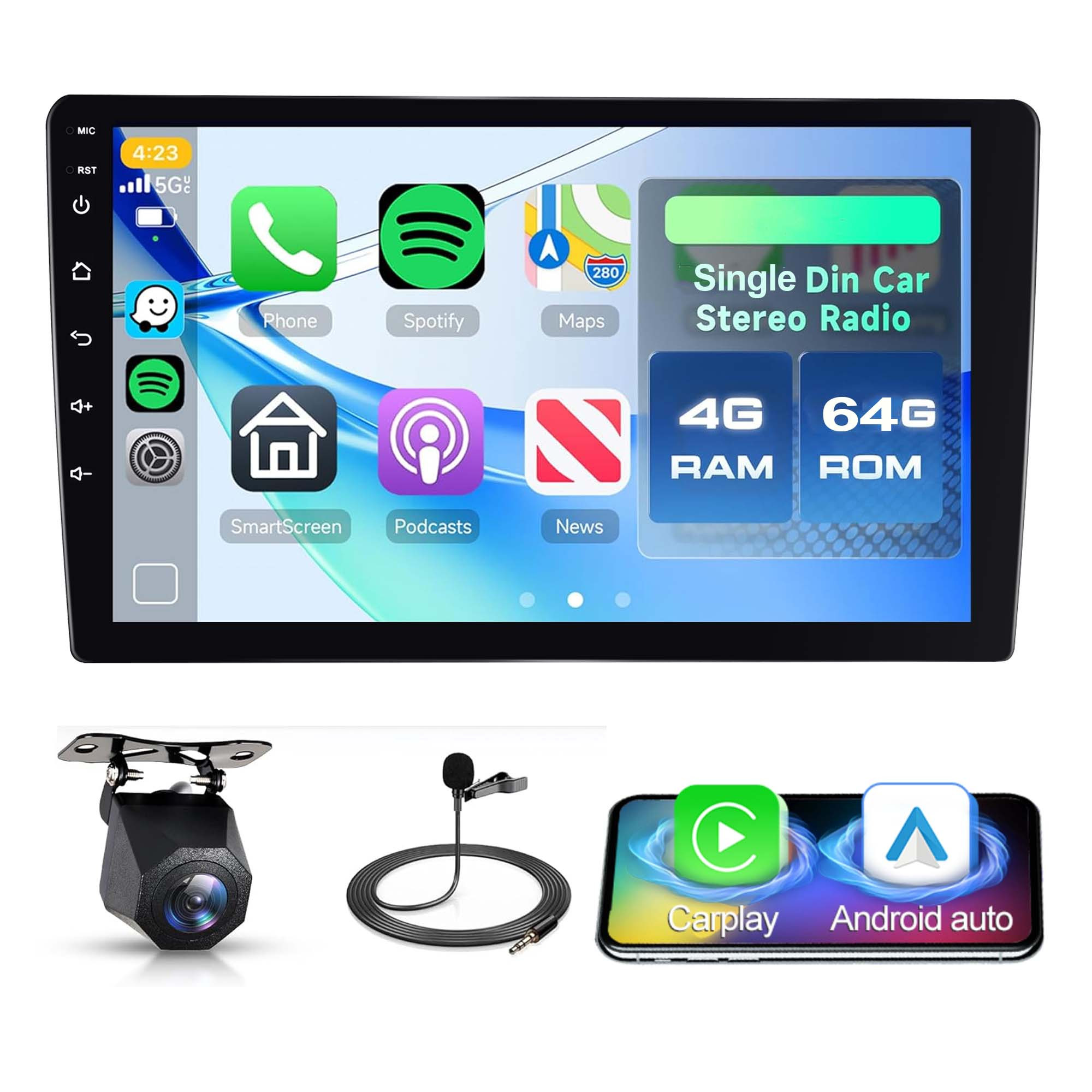 Image of 4g+64g Single Din Car Stereo 15 With & Auto, 7 Inch Touchscreen Gps Navigation, 1 Din Screen Car Radio With Bluetooth, Swc, Wifi, Fm/rds Radio Eq Usb Backup Camera