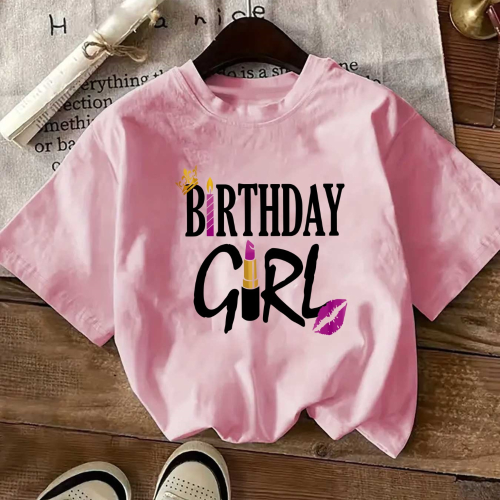 

Women's Casual Birthday Girl Letter Print T-shirt, Short Sleeve Crew Neck, 100% Polyester Knit Fabric, Geometric Pattern, Top, 180gsm - Regular Length