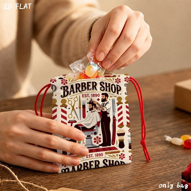 item picture Retro Barber Shop Printed Drawstring Party Gift Bags, Pack of 10, Material with Floral Decorated Seamless Pattern,   Wrapping Party Gifts & Event Souvenirs