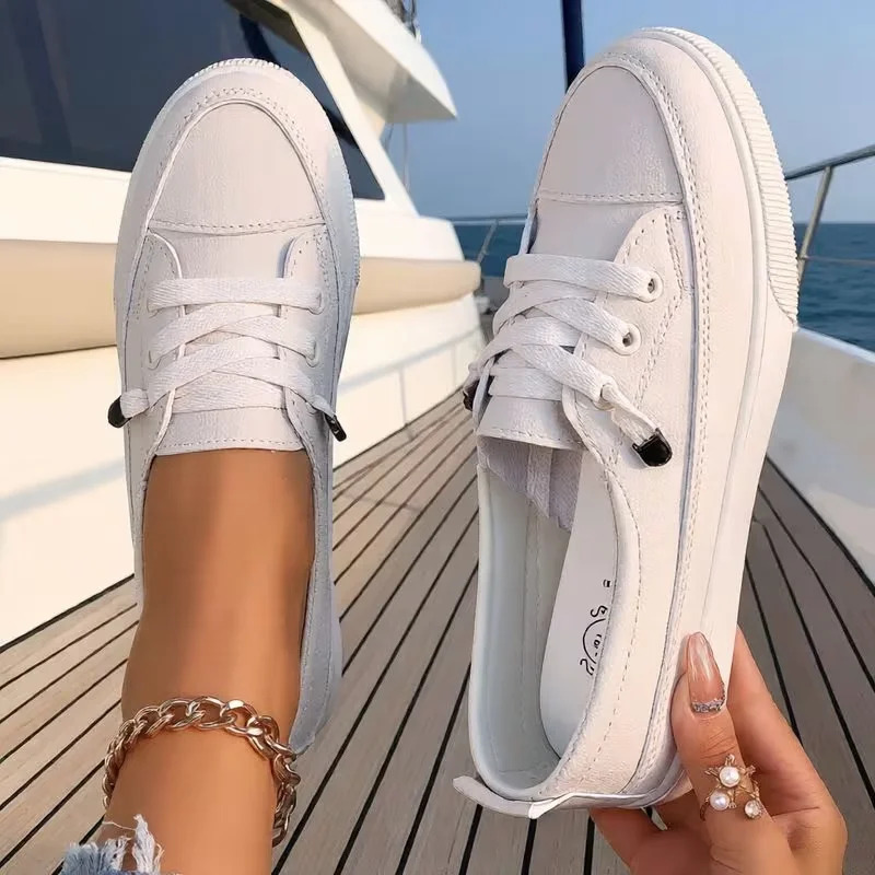 Image of Women Slip On White Sneakers, No Tie Lazy Flat Casual Walking Shoes, Lightweight Daily Wear Skate Shoes For Ladies