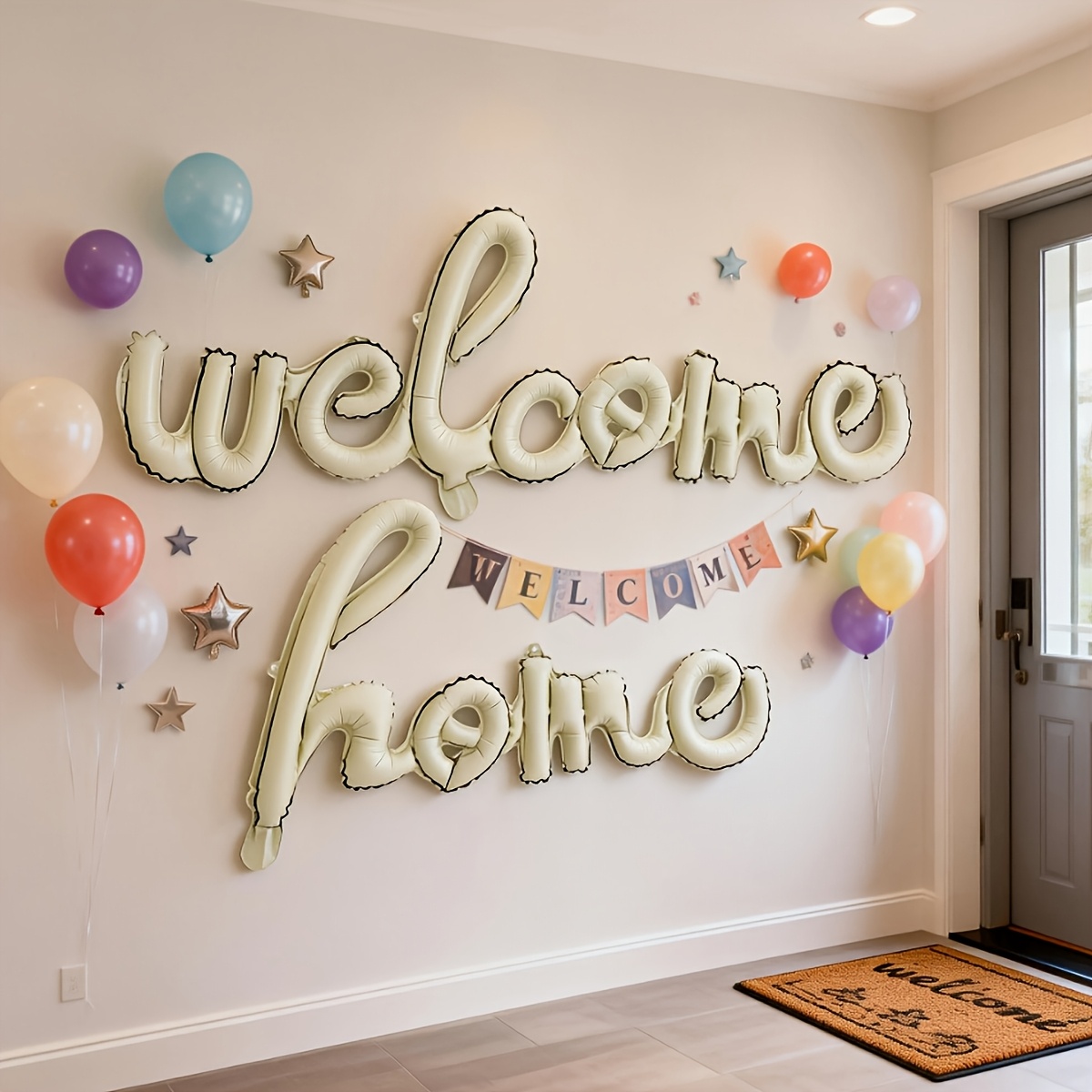 Image of 2pcs Of Cream White 'welcome Home' Letter-shaped Foil Balloons, Perfect For Family Reunions, Home, Decorations, , New House Moving Parties, Welcome Ceremonies
