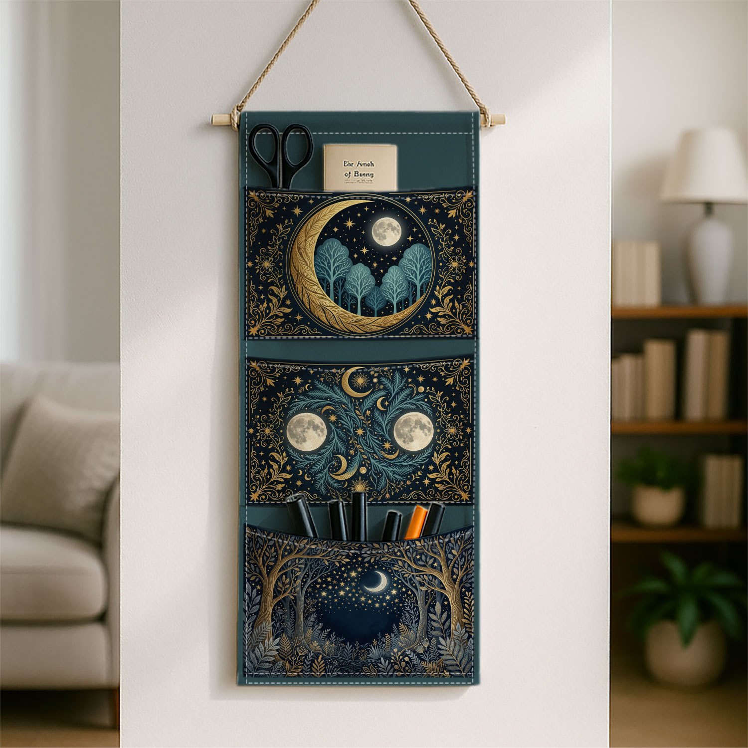 TEMU 2026 -mounted Storage Bag, Hanging Organizer Bag - 1pc, Magical Moon Wall Storage Bag, Golden Starry Night Organizer Bag, Suitable For Home Or
