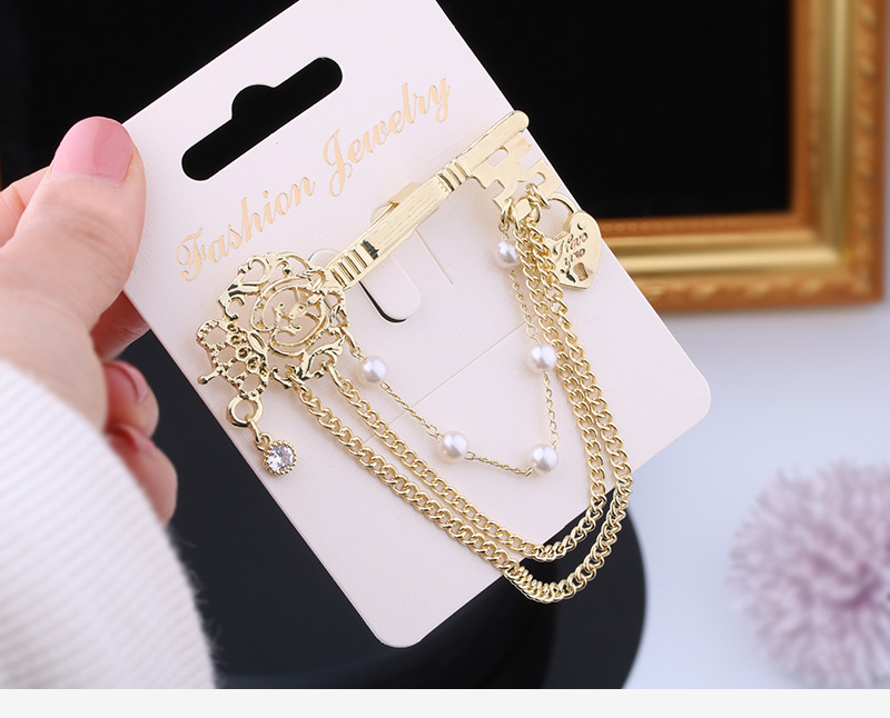   elegant key shaped brooch with rhinestones irregular pearl and chain tassel fashion korean style trendy pin accessory for women and men details 1