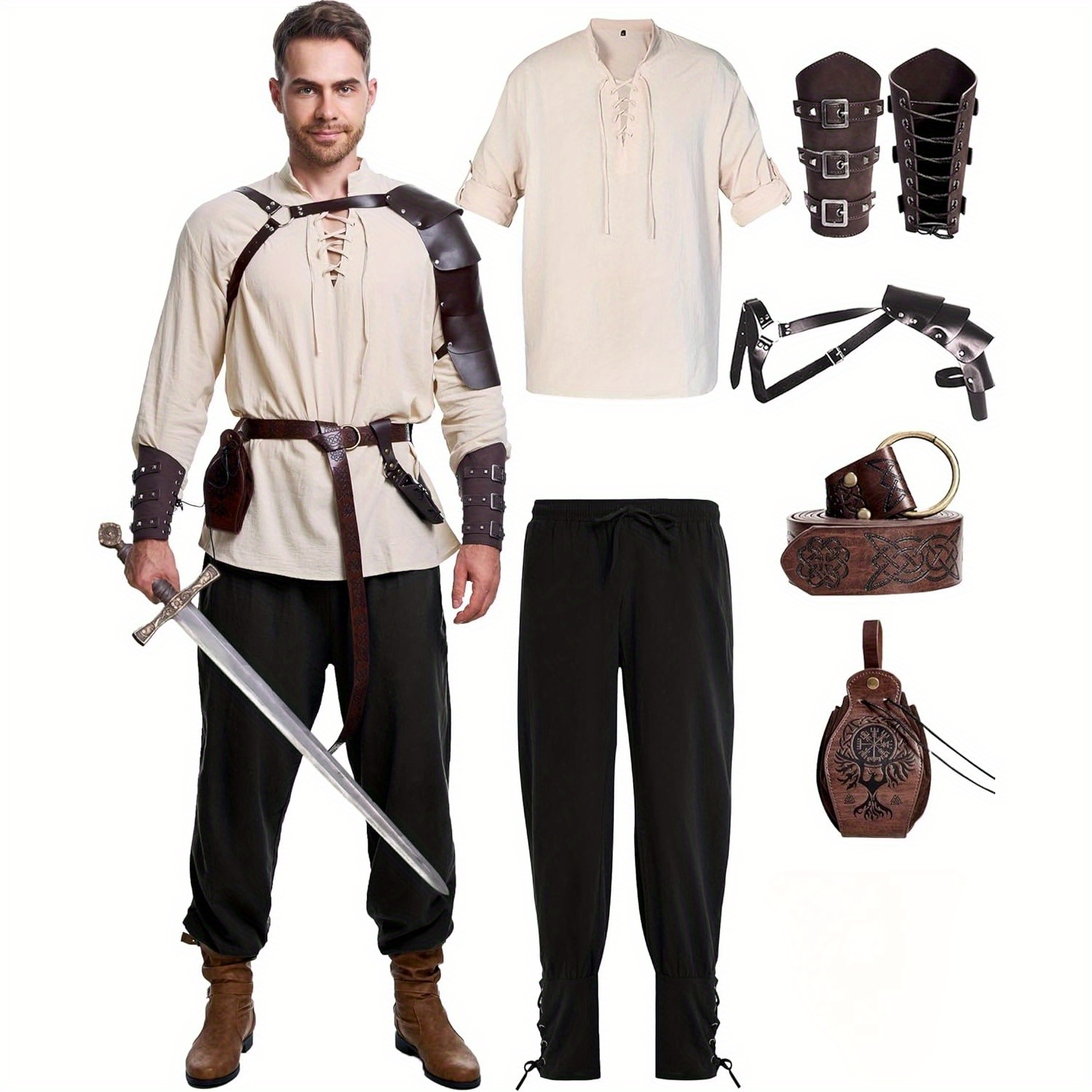 mens renaissance costume halloween medieval pirate shirt pant viking costume accessories set