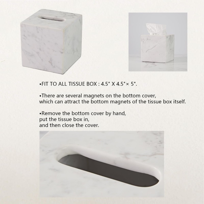   tissue holder with removable square acrylic base & natural   - modern elegant bathroom, living room, bedroom, office tissue box organizer - durable marble & acrylic construction, space-saving design, decorative tissue dispenser for home or commercial use, tissue box holder, facial tissue holder, kleenex box holder, kleenex box cover, tissue box cover Product details 7