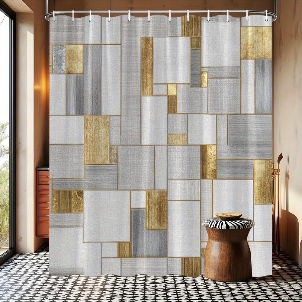 E-shop Elegantes geometrisches Duschvorhang, modernes abstraktes grau-goldenes Quadratmuster, Badezimmerdeko, Badvorhang aus Polyestergewebe, 70,8 x