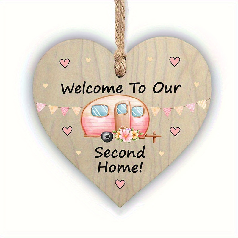 2d Flat Wooden Wall Hanging Decor In Bohemian Style – Heart-shaped Rv Ornament With Banner And Flowers, "welcome To Our , " An Unpowered Artificial Wood Hanging Decoration, Ideal Gift For