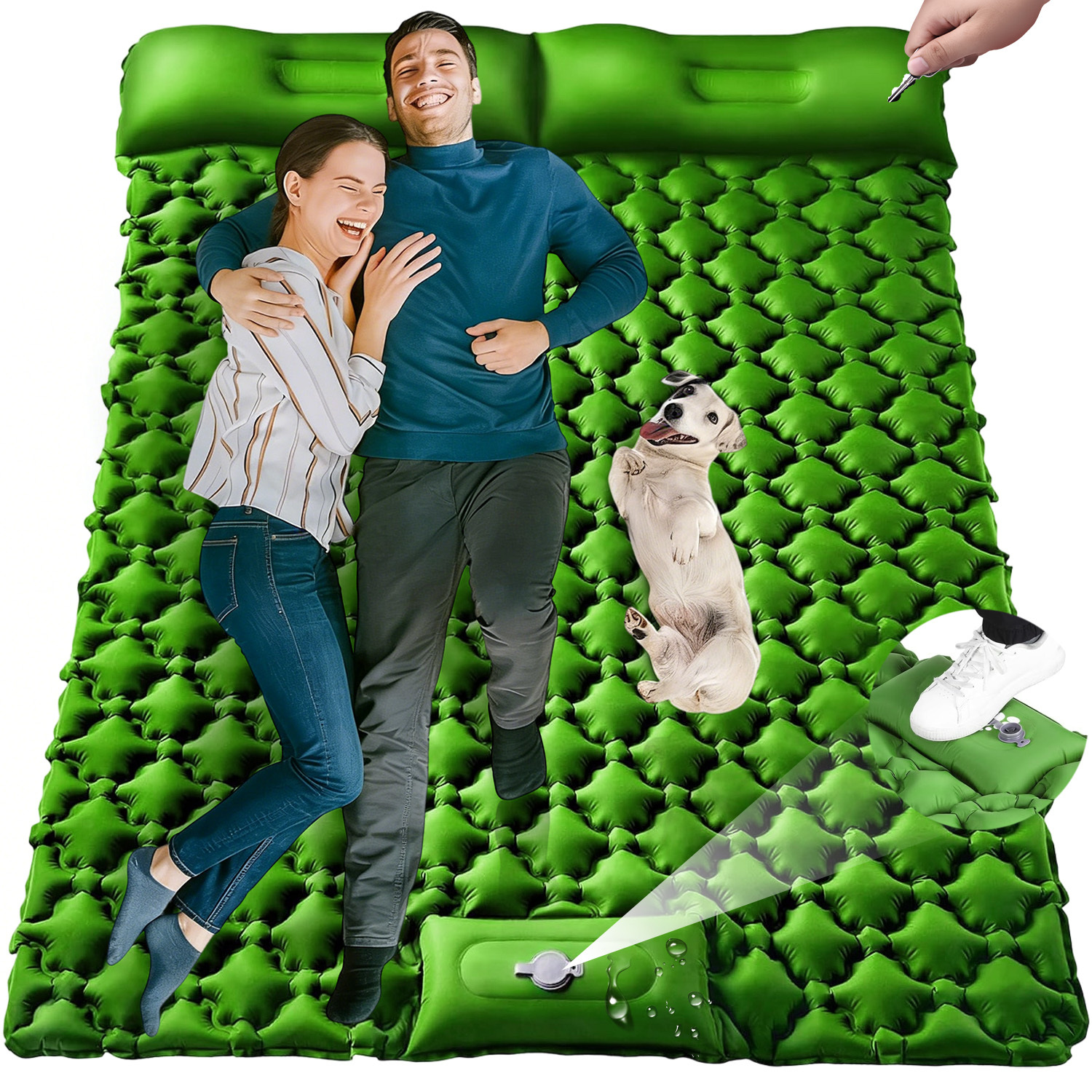 Double Thick Self-inflating Sleeping Mat With Built-in Pillow & Foot Inflator, Ideal For Outdoor Camping & Hiking