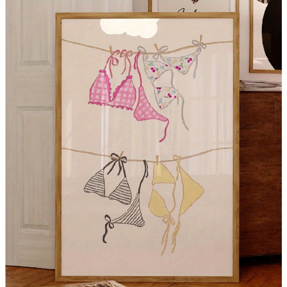 TEMU 1pc Pink Bikini On Clothesline Wall Art - Vintage Beach House Poster, Horizontal Canvas Painting Suitable For Living Room & - Unframed Ink Art
