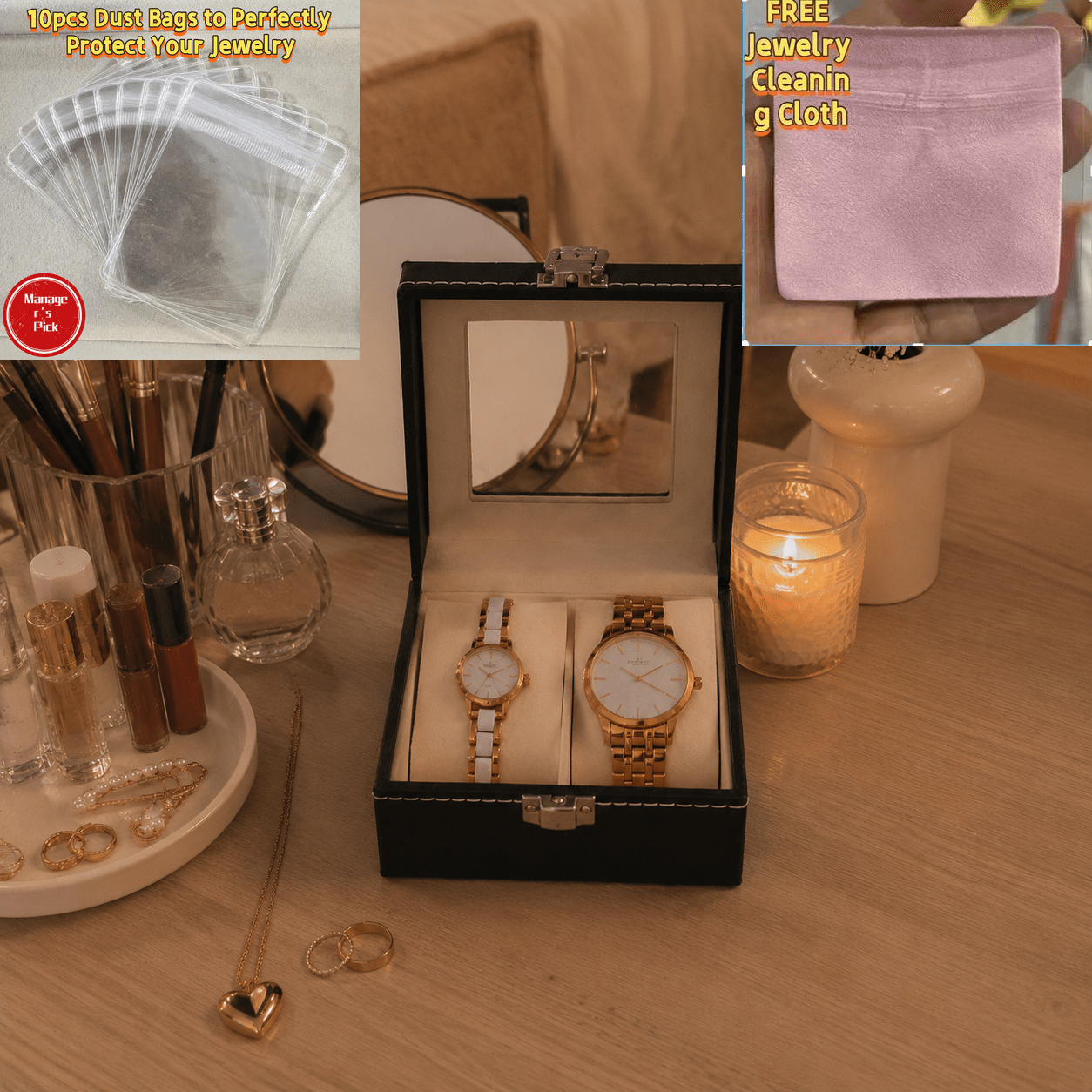 TEMU Watch Storage Box | Transparent Display   Soft Lining Protection, Making Watch | Includes 10 Dust Bags   2 Cleaning Cloths