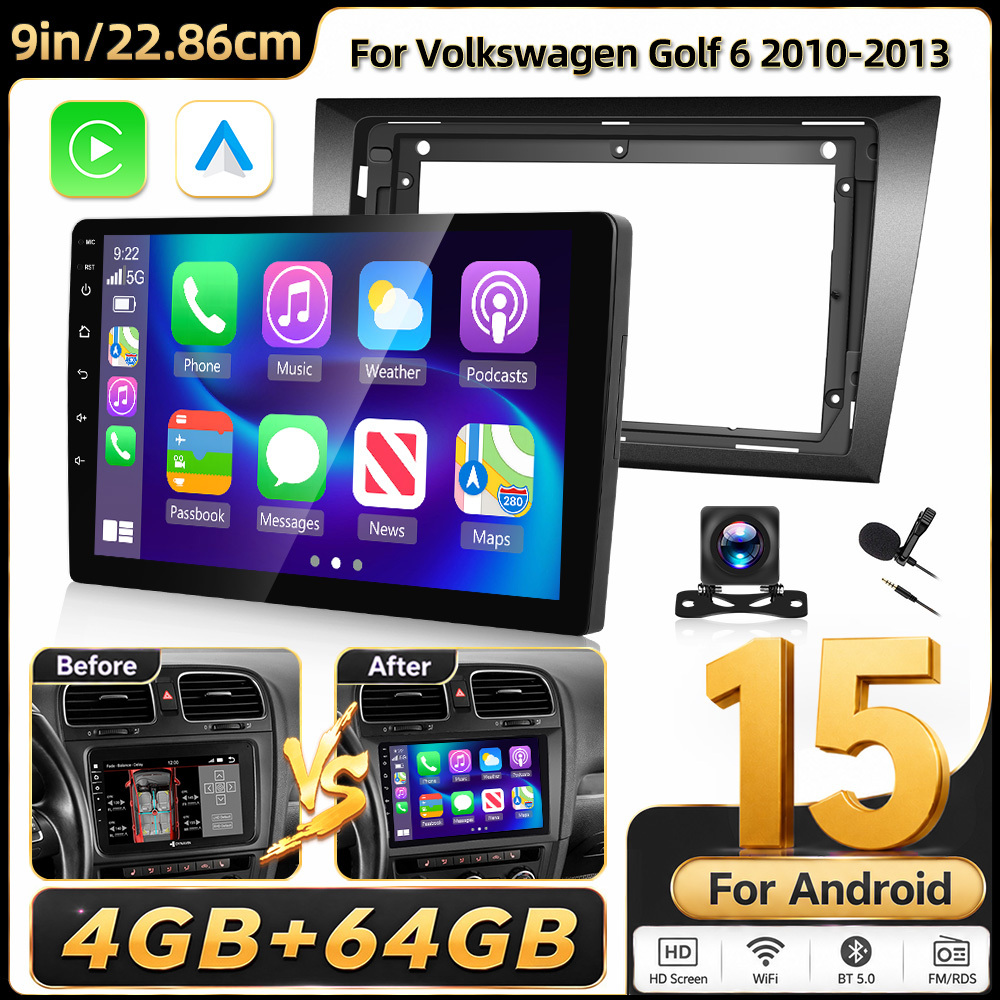 Image of 8 Core Eq For 15 [4+64gb] Car Stereo Radio-for Golf 6 2010-2013, 9' Hd Car Radio With & For Auto/ Gps Carplay Support Built-in Wifi/b-t/double Usb -car Accessories Car Radio Replacement