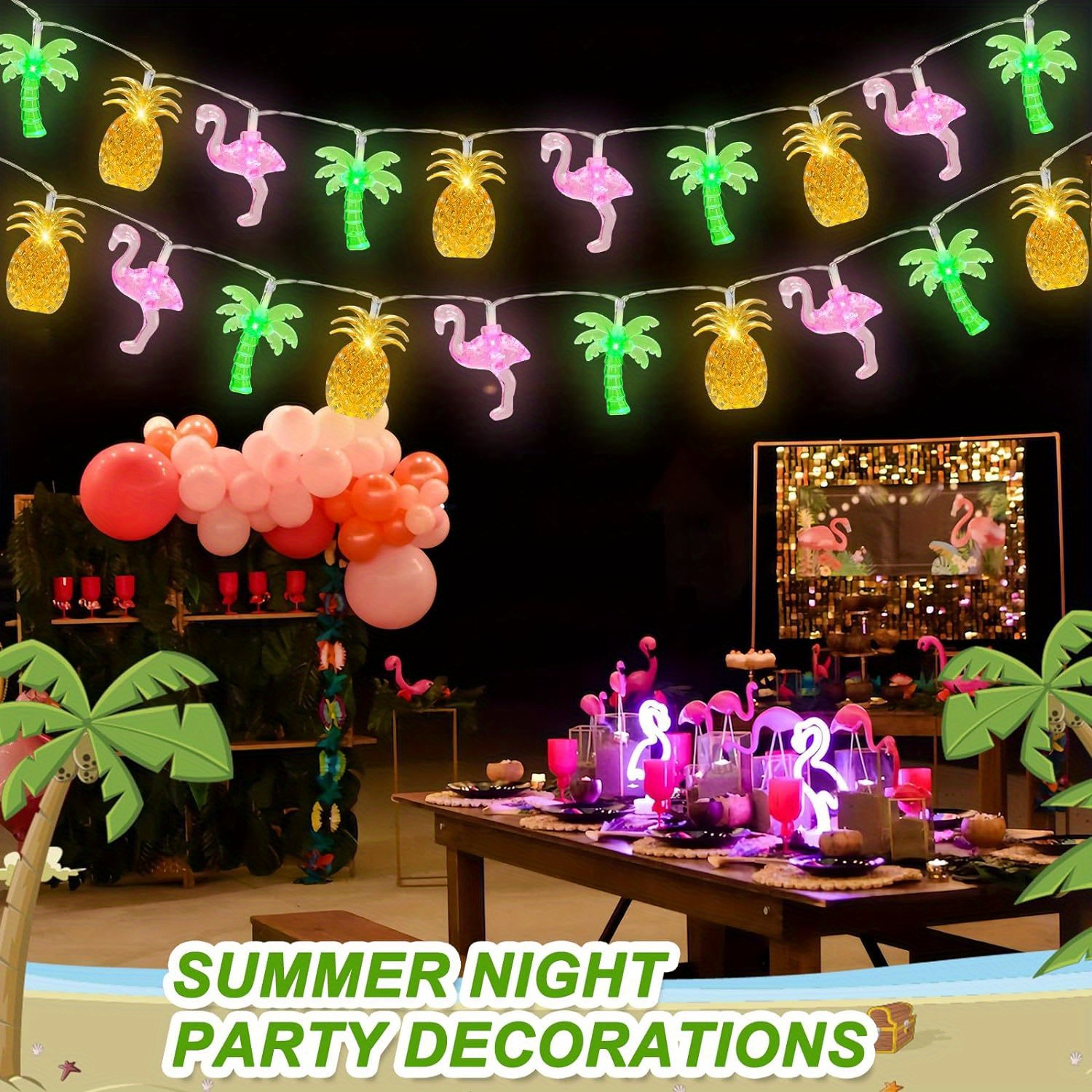 TEMU 2-pack Summer Tropical Beach Hawaiian String Lights 20 Led 10ft Flamingo Fairy Lights Battery Operated For Tropical Party Pool Beach Summer Decoration