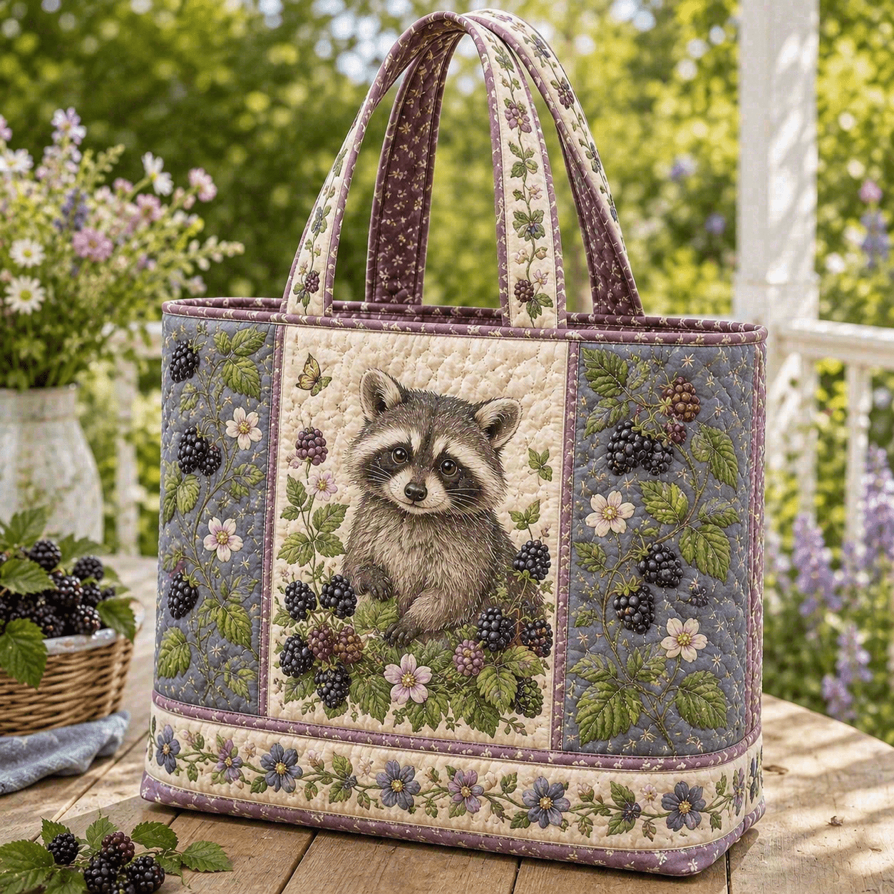 Quilted Tote Bag, Raccoon With , Wildflowers And Vines, Woodland Cottage -inspired Visual, Large Capacity Tote, Fabric Tote Bag, Shopping Bag, Travel Tote Bag, Beach Bag, Reusable Grocery Bag, Bag