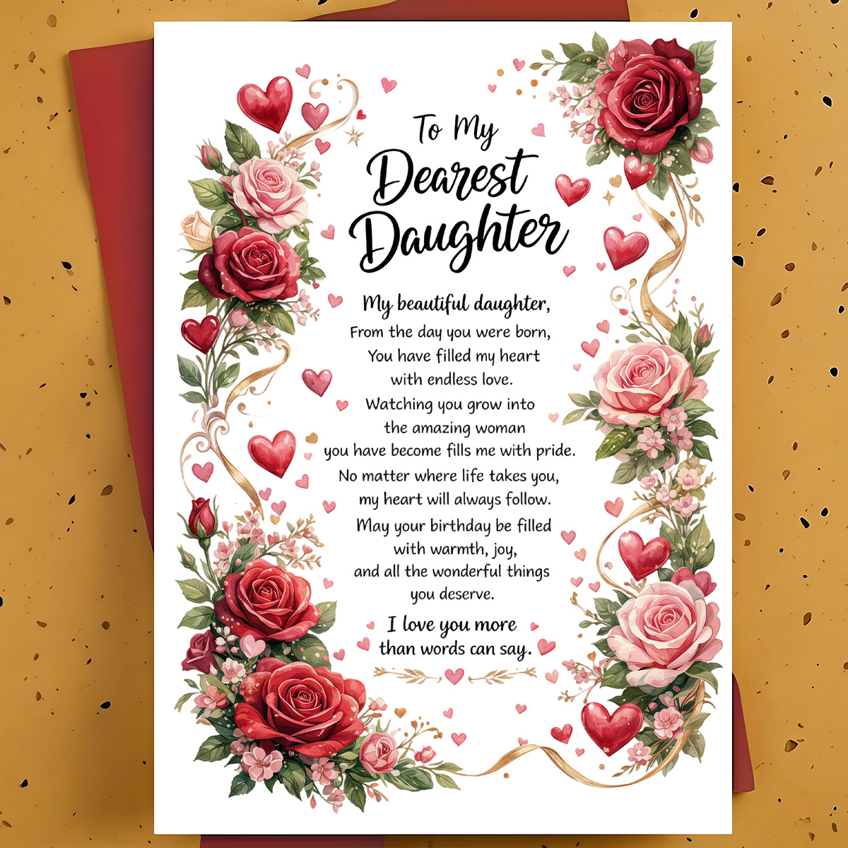 TEMU 1 carte de vœux d'anniversaire douce et émouvante pour fille, fille adulte – Illustration aquarelle de rose et de cœur, carte , avec enveloppe