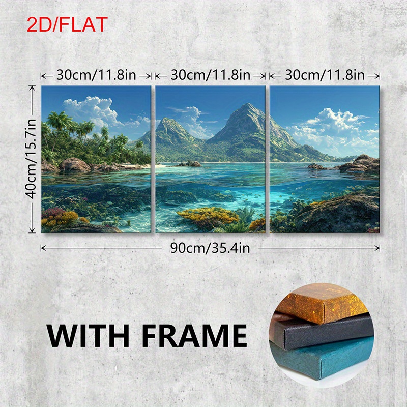 TEMU 2d Flat, 3pcs/set Wooden Framed Canvas Poster, Tropical Paradise, Underwater Scene, , , Palm Trees, , Clouds, Ocean Waves, Nature Art, Living