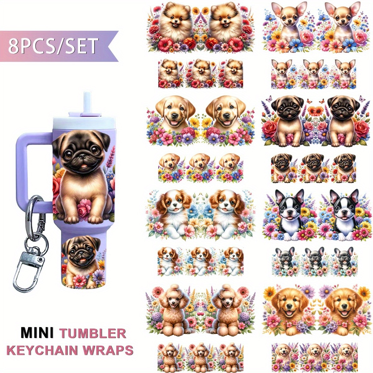 TEMU 8 Sets Of Watercolor Flower Dog Uv Dtf Mini Water Cup Keychain Packaging High Quality And Durable Diy For Mini Keychain Packaging Stickers Ideal