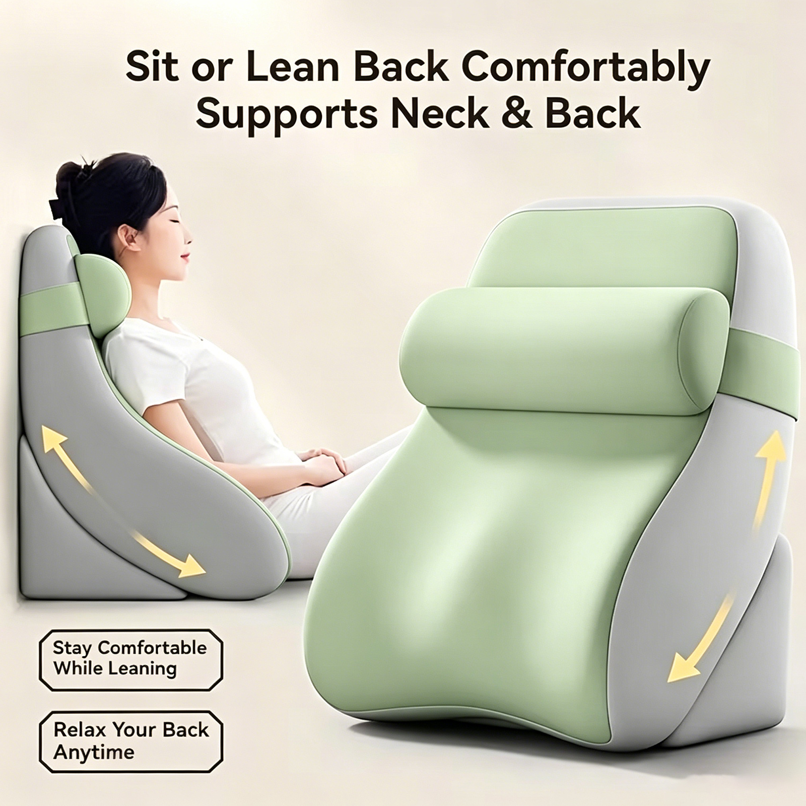 Contoured Backrest Support Pillow for Bed, 3- Level Adjustable Reading Wedge, Memory Foam Sit- up Cushion with Side Wraparound Support, Ergonomic Design for Shoulder Waist & Pelvis, Perfect for Relaxing in Bed, Reading, Gaming, Green