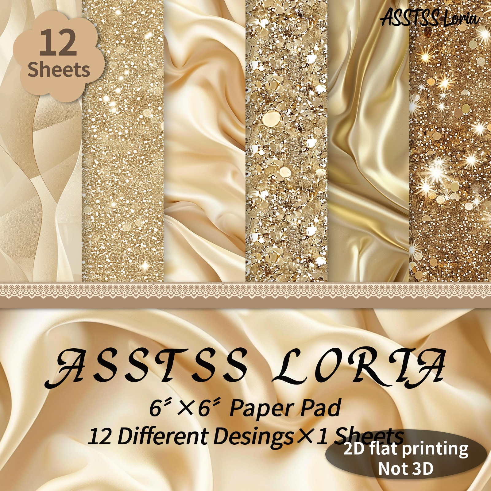 TEMU Lot de 12 feuilles de papier scrapbooking ASSTSS Loria 6X6 pouces, papier de fond doré champagne/2D, papier cartonné épais pour journaling, art