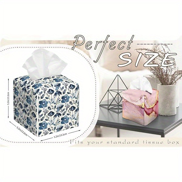 waterproof pvc leather tissue box cover with blue floral pattern square decorative holder with blue flowers green leaves fit for bathroom home car   clean tissue organizer dispenser 5 2x5 2x5 2in ideal gift for housewarming birthdays home decor accessory   accessory   plastic sturdy construction functional home decor birthday present Product details 1