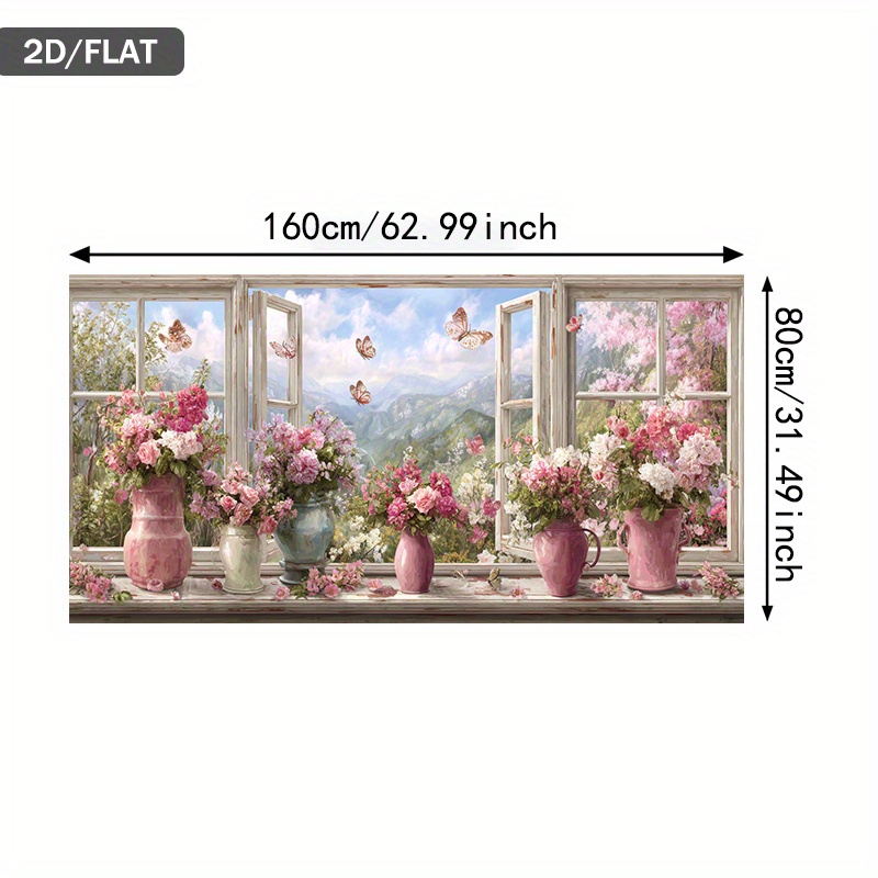 TEMU 2d Flat, 2d Flat, Modern Abstract Canvas Art Featuring Flowers In Vases On A Windowsill With Butterflies, Measuring 31.49 By 62.99 Inches Or 80