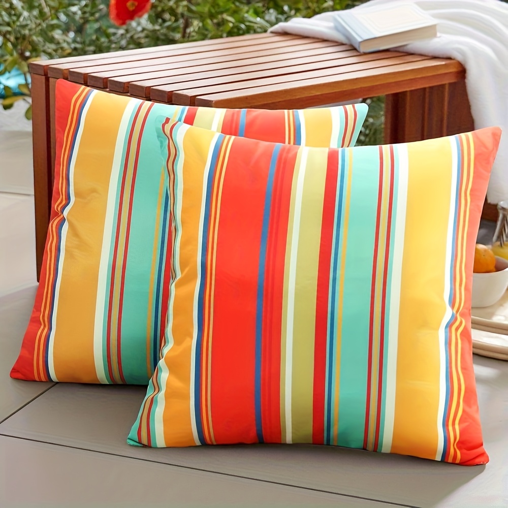 TEMU 2pcs, 2d Single-sided Printing, Vertical Stripes Theme Pillowcases, Peach Suede Material, Orange Blue Contrast Striped Element Printed Cushion