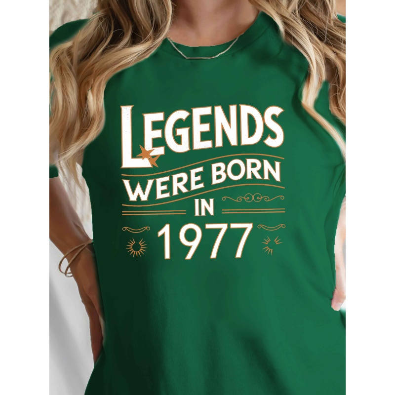 

Women's " Born In 1977" Graphic T-shirt - Black Short Sleeve Crew Neck Casual Top, Polyester , Machine Washable, Ideal For