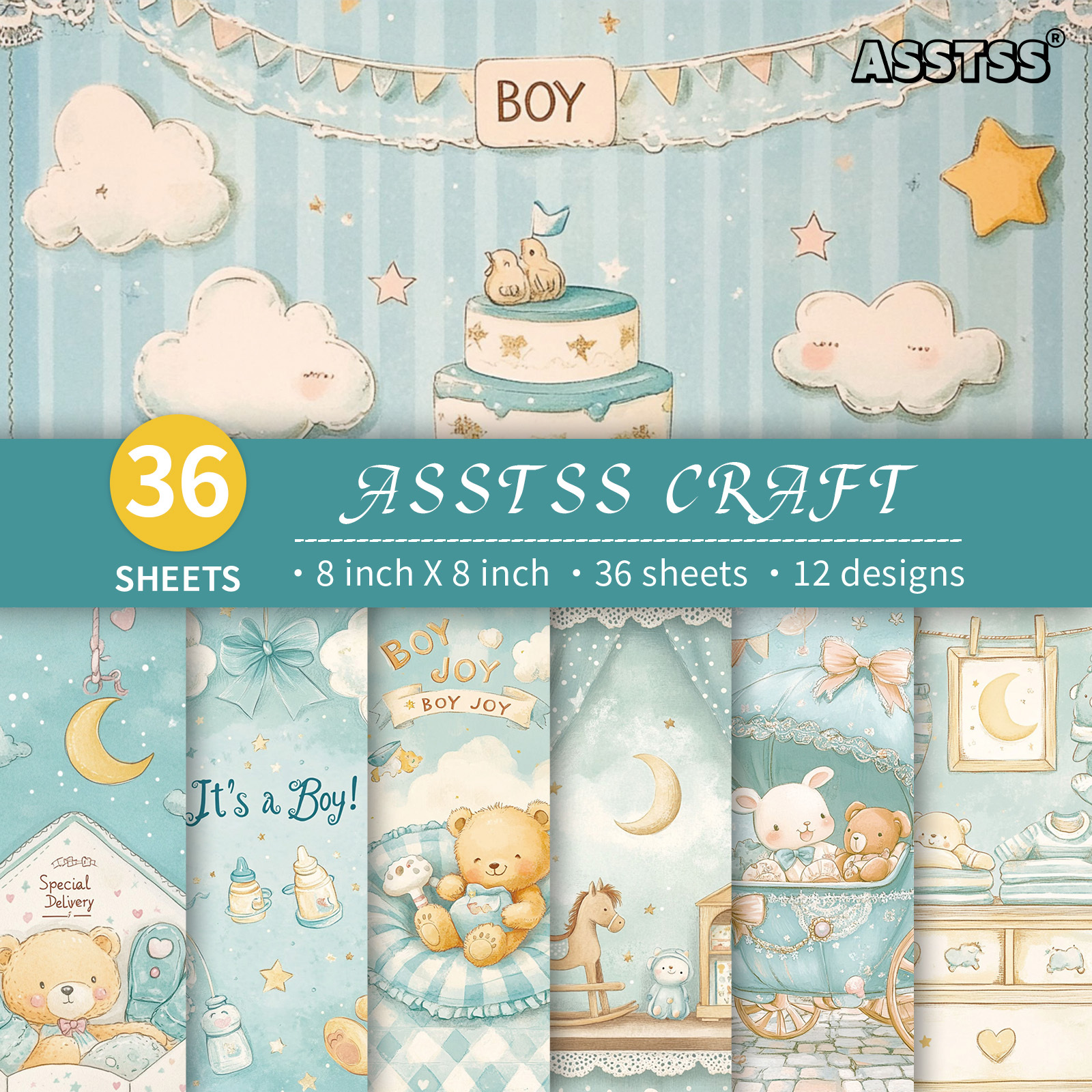 TEMU Bloc de papier de scrapbooking ASSTSS de 36 feuilles 8*8 pouces | Style garçon bébé aux , fournitures de papier de fond de style , carton épais