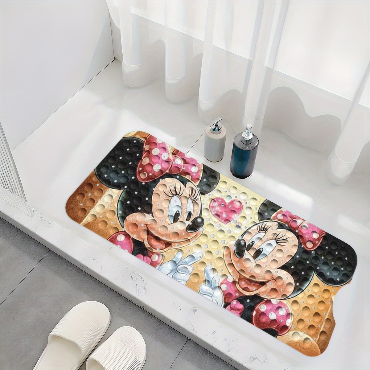 disneys   mouse bath mat features   hearts and bubbles set against a warm colored background in a cartoon style this non slip mat measures 40 100cm 15 7 39 3 inches and provides a comfortable water absorbent surface for your bathroom Product details 2