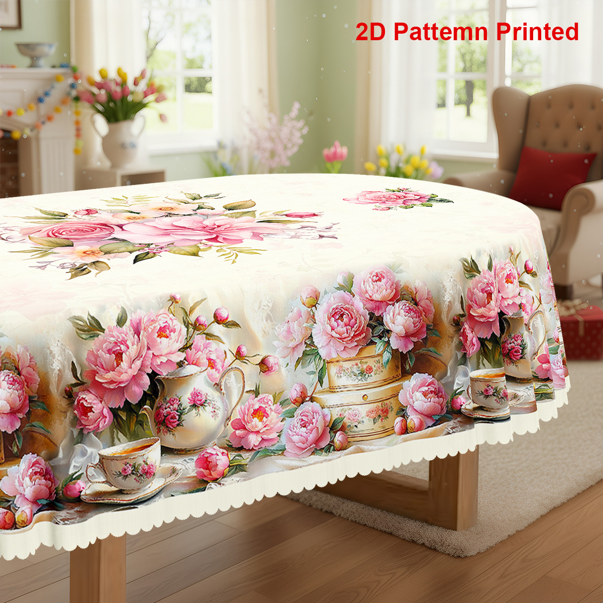 TEMU 1pc, Spring Summer Themed Party Tablecloth, Peony Vase Floral Printed Design, Rectangular/round/oval Table Cloth, Embossed Edge, Suitable For
