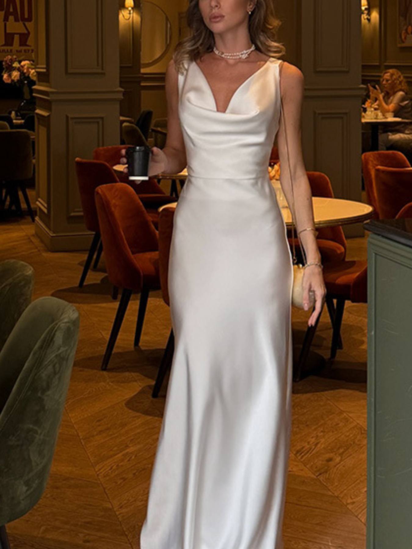 green emerald velvet dress Elegant Silk Satin Reception Dress with Long Scarf Athena-1 Made to Order / Off-White / 2 US (34 EU)