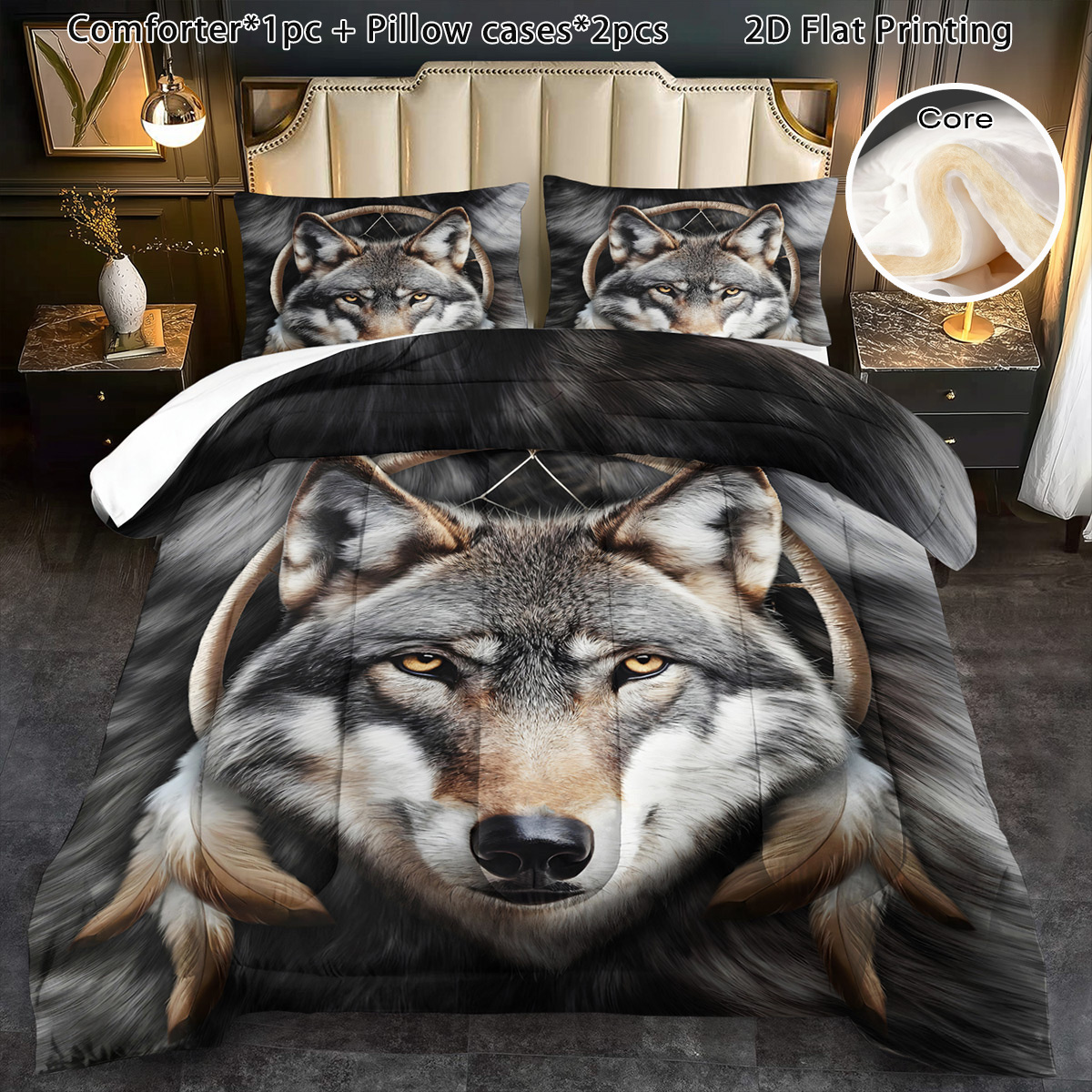3pcs comforter set for winter wolf portrait comforter set cartoon boho soft bedding halloween gift quilt cute christmas room decor autumn winter quilt birthday valentines day gift 1 comforter and 2 pillowcases without core