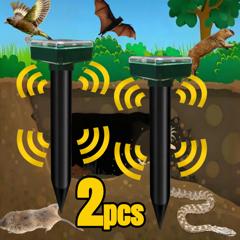 Image of 2pcs Solar Animal Repeller, Ultrasonic Animal Deterrent For Moles Rodents, Garden Lawn Protection Device, Ideal For Camping Backyard Party Patio Garden Area