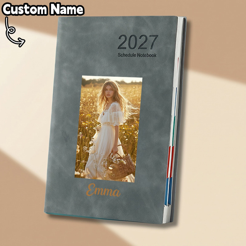 TEMU Customized 2027 Planner Notebook, Personalized Initials Name And Photo Pu Leather Notebook, Custom Daily And Monthly Planner With Schedules,