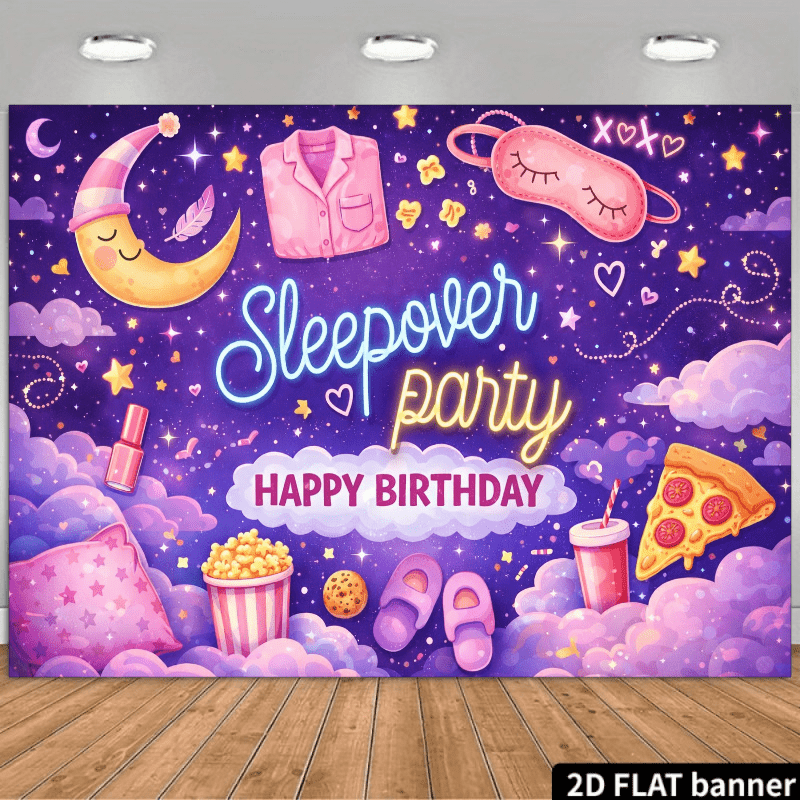 TEMU 2d Flat Purple Starry Night Party Backdrop Birthday Theme, "sleepover Party Happy Birthday" Prominently Displayed In , Left Side Features A