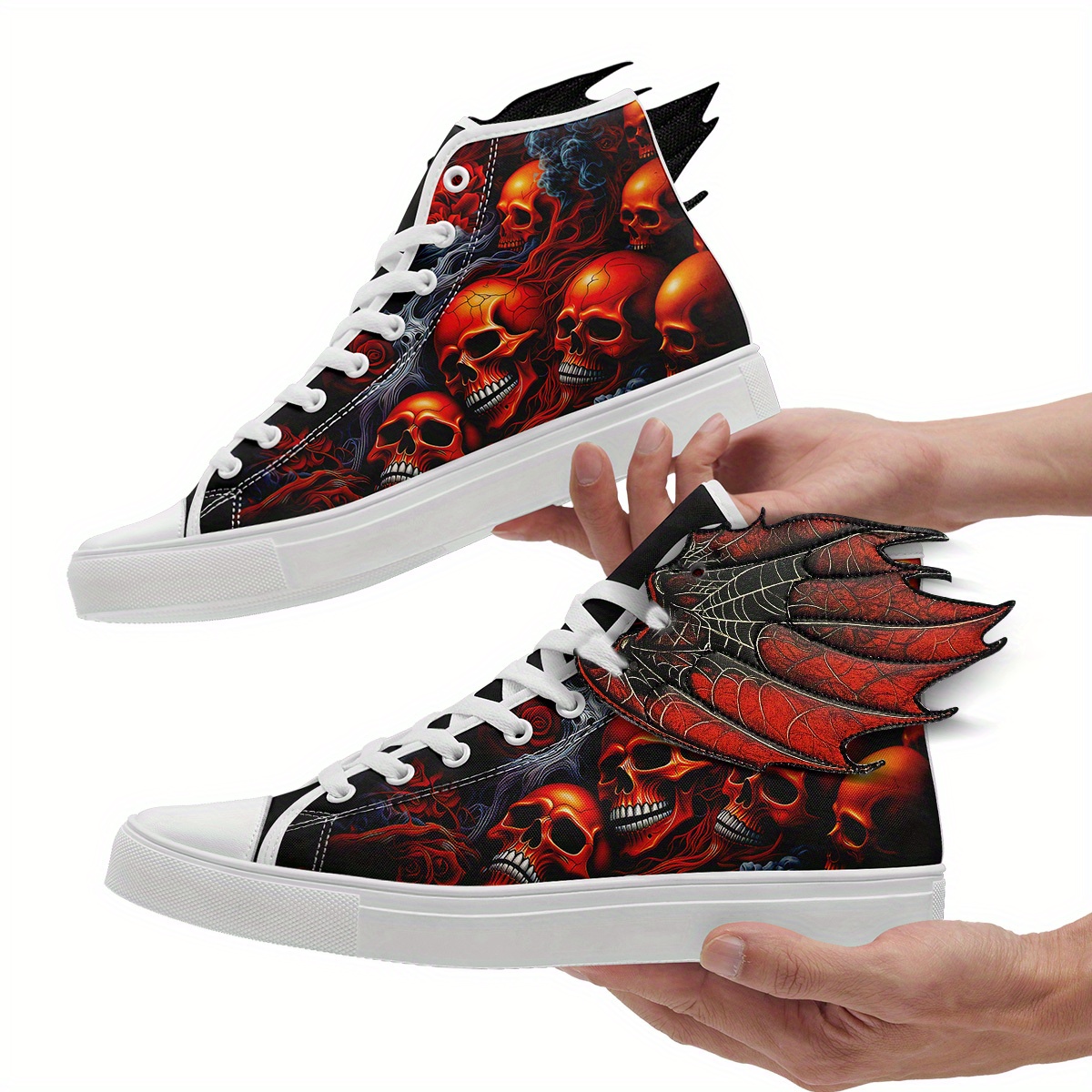 Men's Gothic Skull Wing High-Top Sneakers, 3D Wing Halloween Red Flame Skull Print Design Shoes, Spooky Horror Punk Streetwear Shoes