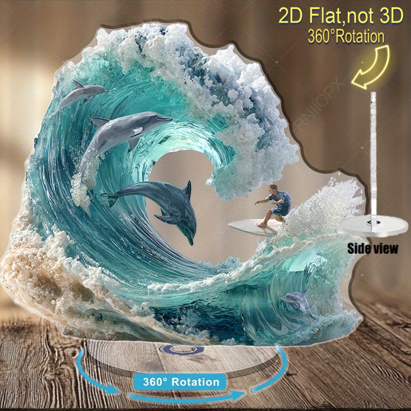 TEMU 2d Flat, 2d Plane- Rotating Acrylic Figurine, Printed In 2d Plane, Featuring Dynamic Waves, , And , An Adventurous Atmosphere For Beach