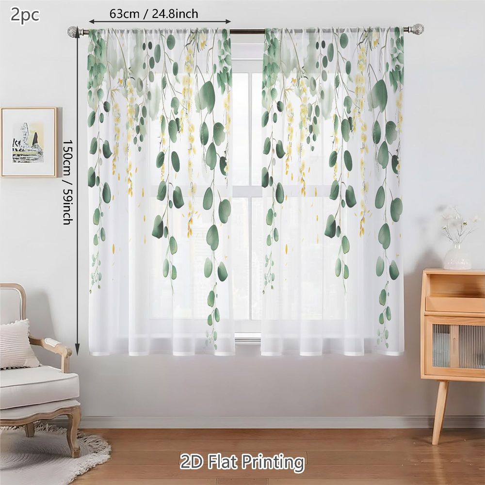 TEMU 2d Flat, 2pcs Spring Summer Small Sheer Curtains, Delicate Watercolor Botanical Branches With Eucalyptus Leaves And Pale Yellow Flowers, Perfect