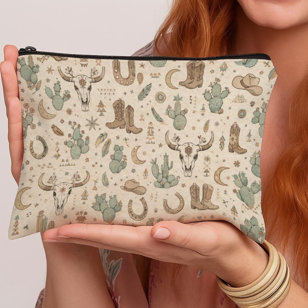 TEMU 1 Western Cowboy Logo Pattern Vintage Print Makeup Bag - Shoes, Hat, , Desert Repeating Unisex Pattern Cute Design Women's Bag, Toiletry Bag -