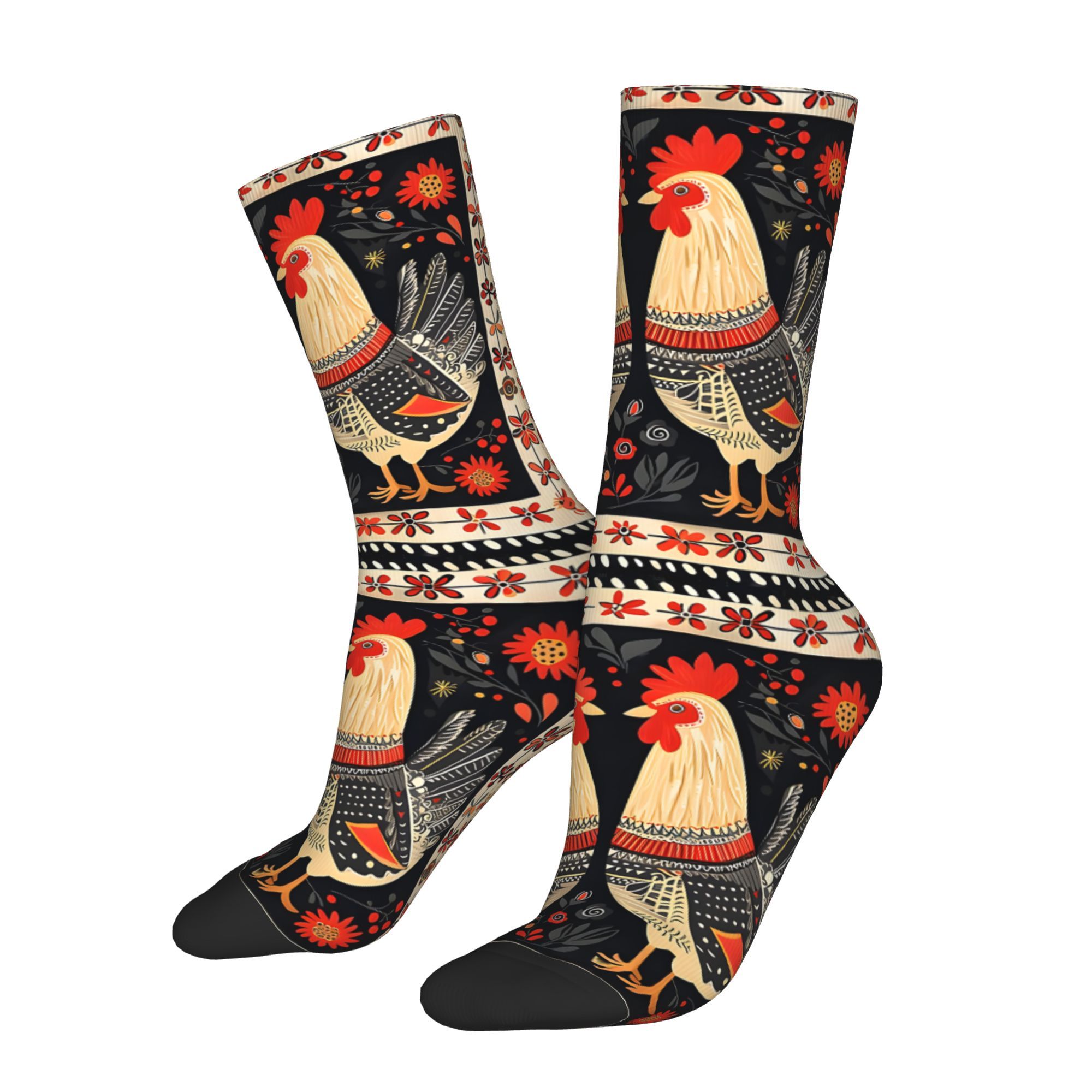 

1pc Men's Knit Fabric Crew Socks, Rooster Print, Polyester 95%, Elastane 5%, With Hand Washable Pattern