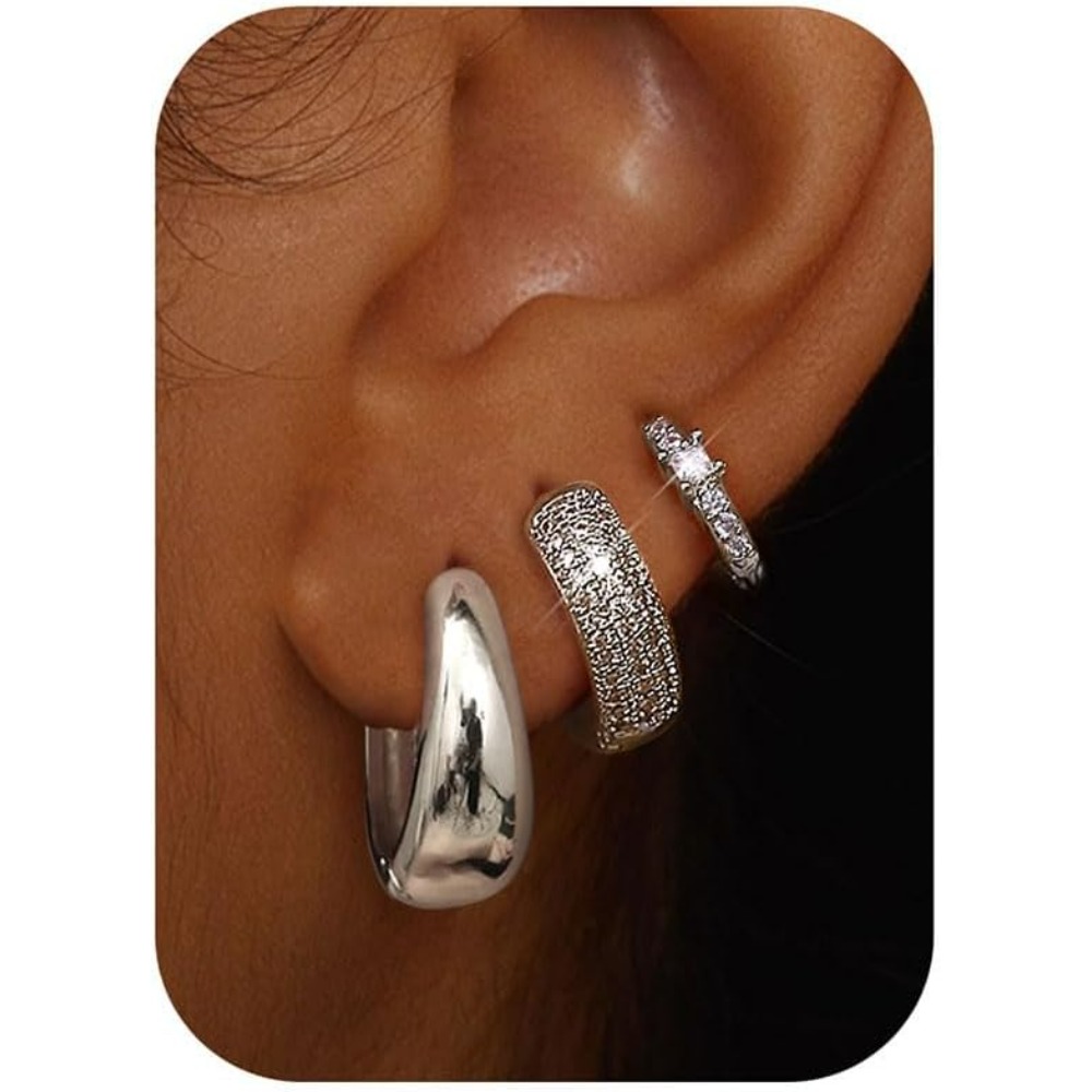 Image of 3pairs Small Chunky Hoop Earrings For Women | Hypoallergenic, Non Tarnish, Elegant And With Copper Alloy Plating And Synthetic Zirconia, Lightweight For Sensitive Ears And Multiple Piercing