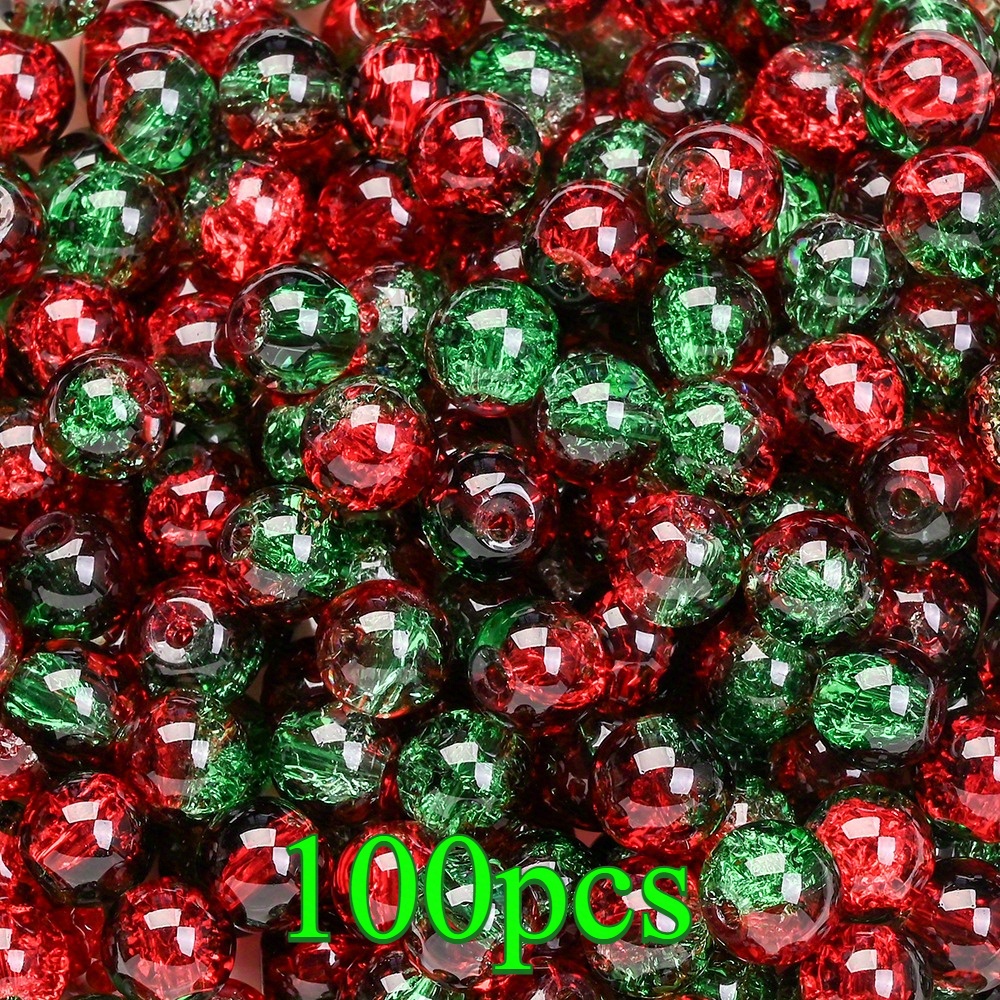 TEMU 100pcs Christmas Glass Beads Green And Red Cracked Gradient Spacer Round Beads Clear Jewelry Beads For Making Wedding Party And Christmas Gift,