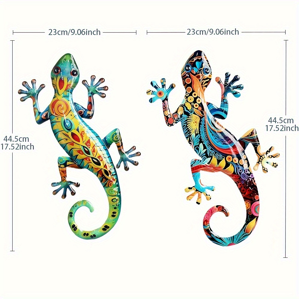 TEMU 2pcs Large Handmade Metal Wall Art - Vibrant Lizard Decor With Exquisite Floral Pattern, Durable Iron Outdoor/indoor Hanging Ornaments For Home,