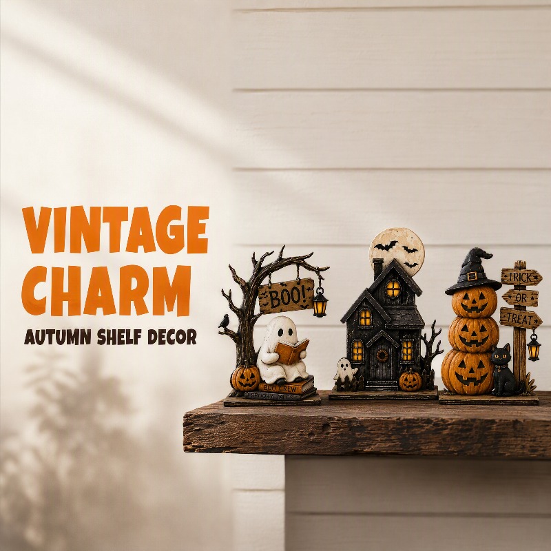 Image of 3pcs Halloween Tabletop Decor Set, Vintage Wooden Pumpkin Black Cat Ornaments, Autumn Fall Shelf Decor, Indoor Home Halloween Party Desktop Decoration Gift