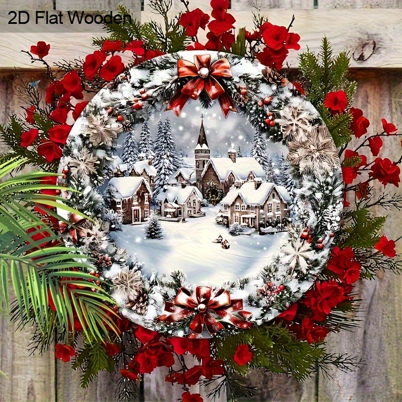 TEMU 2d Flat, Round Rustic Christmas Village Wreath Wall Decor With Red Berries & - Artificial Hanging Decoration Suitable For Home, Office, Front