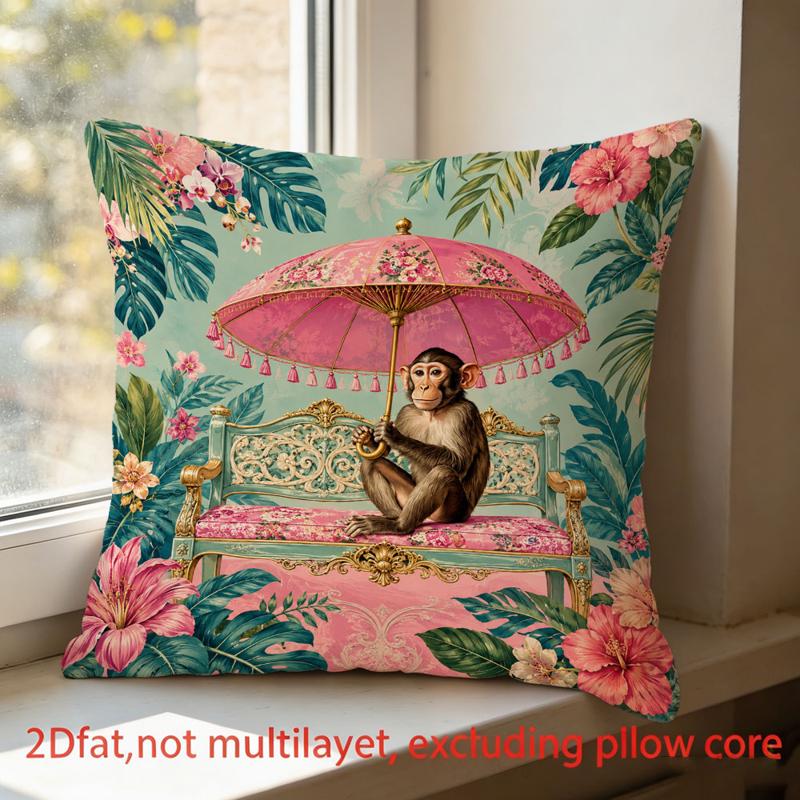 TEMU 1pc Pillowcase, Tropical Monkey And Floral Pattern, 45cm*45cm, Soft And Smooth Polyester Short Plush Fabric, Single-sided Printed Pattern,
